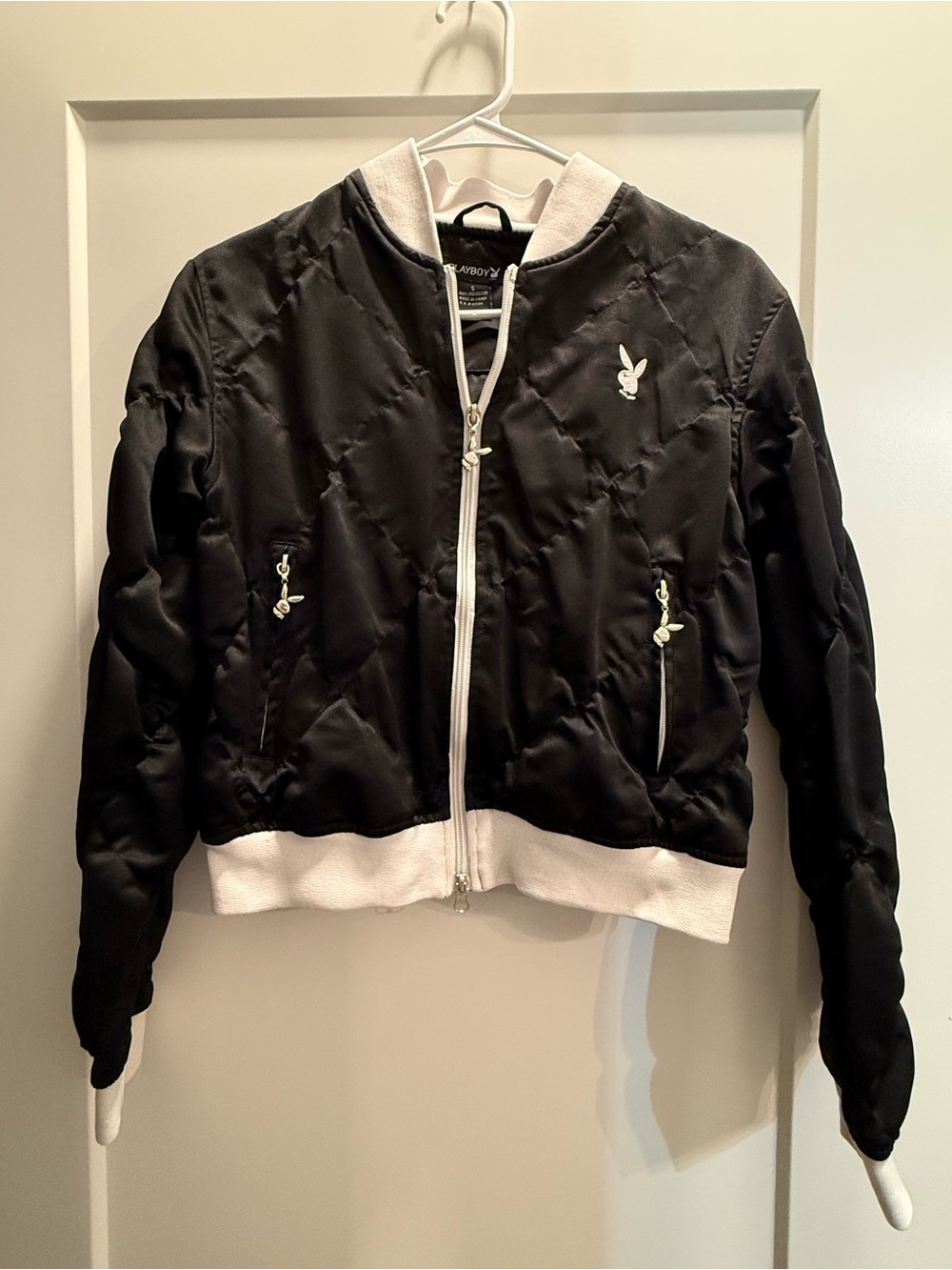 90s PLAYBOY Black Quilted Bomber Jacket with White Trim